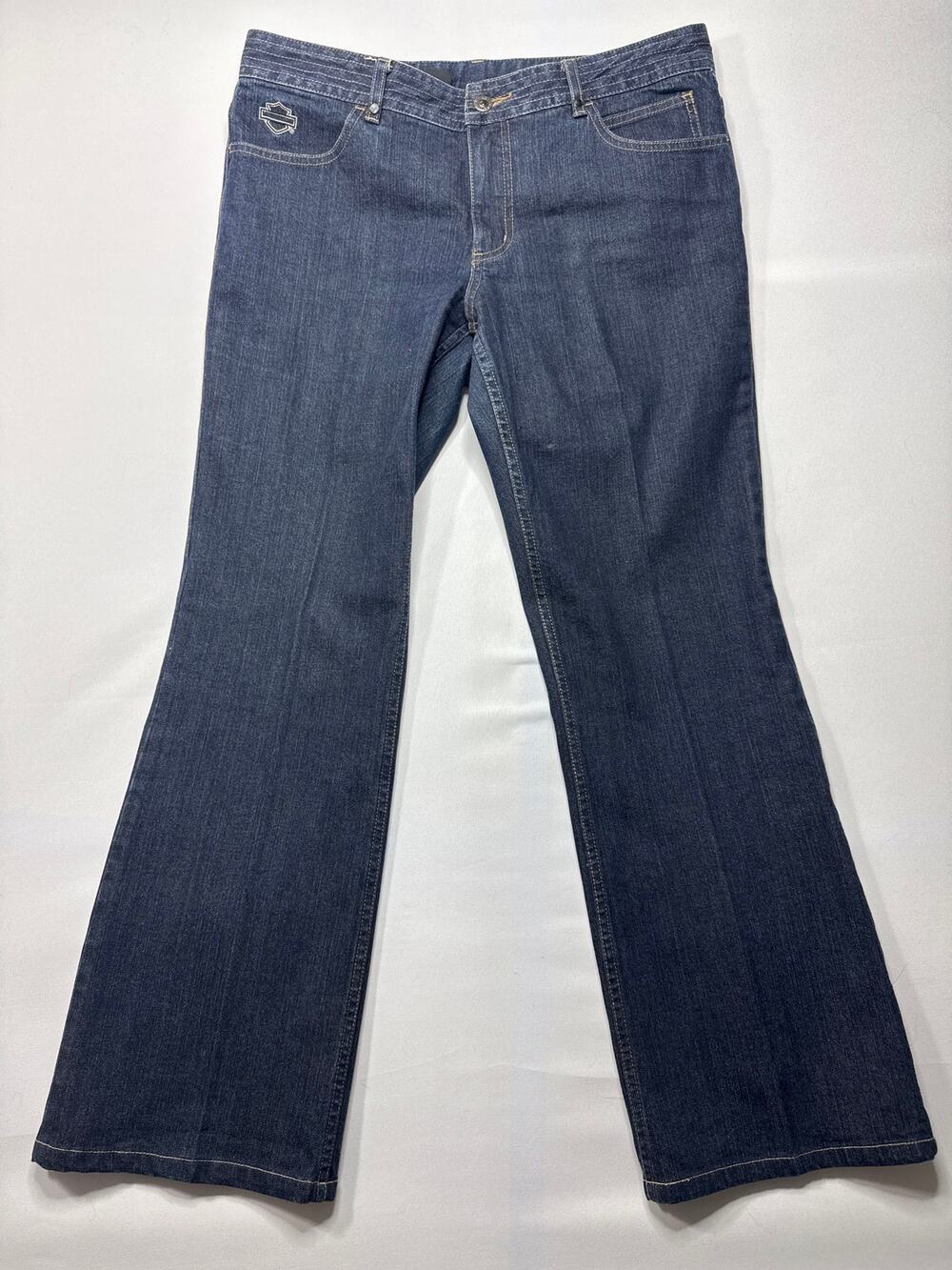 Harley Davidson Women's‎ Flare Rhinestone Flap Pocket Blue Jeans - 12 (34x29.5)